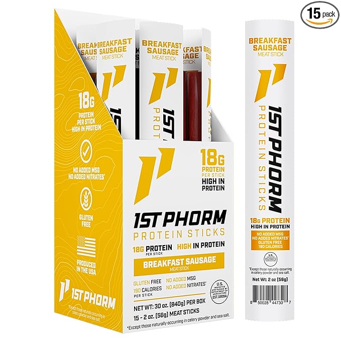 1st Phorm Meat Sticks Breakfast Sausage 18G Protein per Serving USA Raised Lean Beef and Pork High Protein Snacks Gluten Free No Msg or Nitrates Individually Wrapped 15 Count