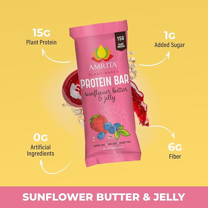 Amrita Nut Free Sunflower Butter &amp Jelly Vegan Protein Bars ( 12 CT PK of 3 ) | 11g Plant-Based Protein Bar | Peanut Free Gluten Free and Dairy Free | Low Sugar High Fiber Healthy School-Safe