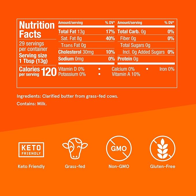Grass Fed Ghee 13.5 Oz Bulletproof 100% Grass Fed Pasture Raised Clarified Butter Fat Keto Paleo Lactose Free Casein Free Non-GMO