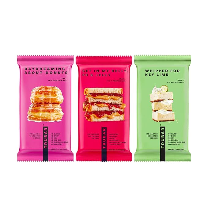 TRUBAR Vegan Protein Bar Variety Pack Assorted Flavors Donuts PB &amp Jelly Key Lime Gluten Free Vegan Protein Snacks 12G Plant-Based Protein High Fiber Healthy Protein Bars 12 CT