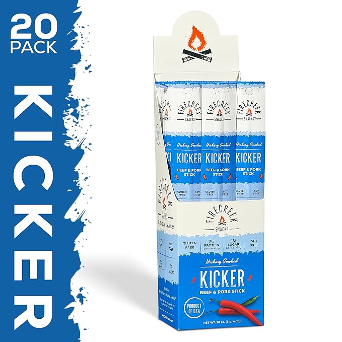 FireCreek Snacks Beef Sticks (Jerky Sticks) Hickory Smoked Beef &amp Pork Meat Sticks 20 Pack (1 oz) 7g Protein 1g Carbs Gluten Free Soy Free No MSG Kicker Spicy