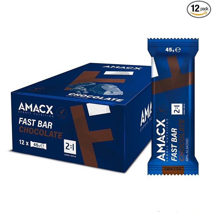 AMACX Fast Bar Energy Bar for Endurance Athletes – 12 x 45g – Vegan Protein Bars 40% Almond content – Healthy Sports Snack Bars – 2:1 Carbohydrates (31g) ratio &amp Natural Electrolytes – Chocolate