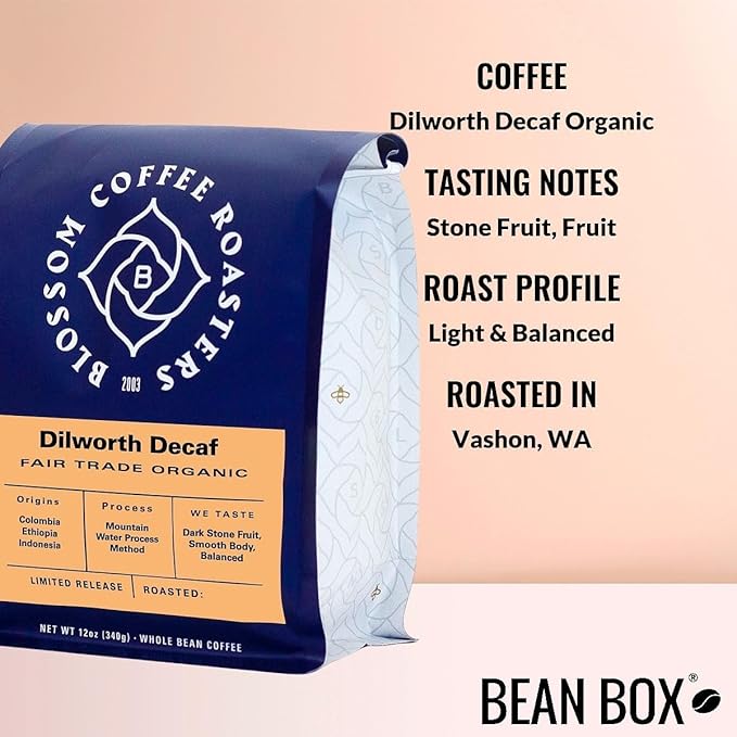 Dilworth Decaf Organic - Roasted by Blossom Coffee Roasters - Whole Bean Coffee - 12 Ounce Bag