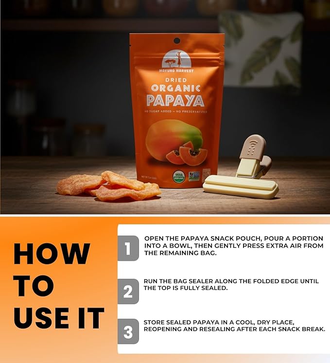 Mavuno Harvest Fruit Dried Papaya Org – 6 pack (2 OZ each) – Snack Bundle for Everyday Treats &amp Sharing – Chewy Texture – Pure Papaya Flavor – Resealable Pack with 1 of 3 Assorted Accessories
