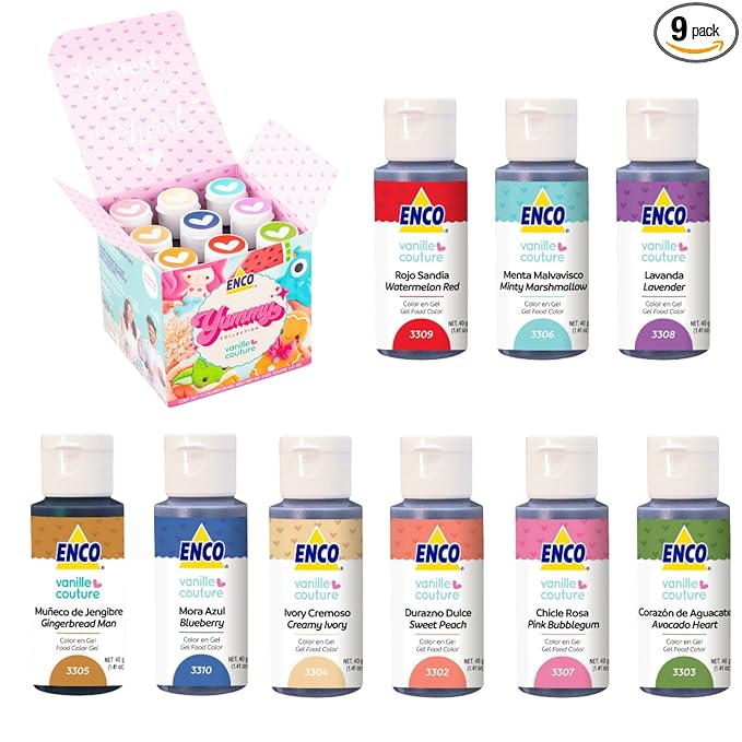 ENCO Yummy Collection 9 Food Coloring Gel Set 1.41 oz each (40 g) includes Cookie Decoration Guide