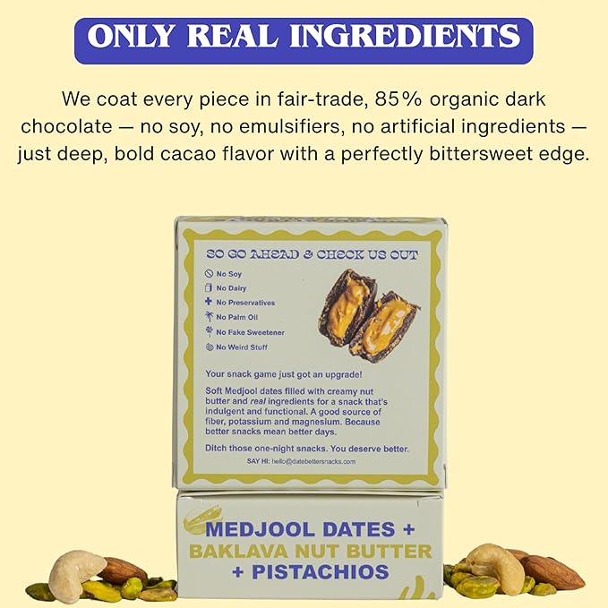 Date Better Royal Cinnamon Baklava Stuffed Medjool Dates - Dark Chocolate-Covered Dates Filled With Baklava Nut Butter &amp Pistachios | No Artificial Sweeteners Gluten-Free &amp Vegan (6-Pack)