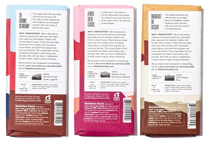Raaka Chocolate Dairy-Free Pack | Gourmet Bean-to-Bar Dark Chocolate | Organic Kosher Vegan Gluten-Free | Chocolate Lover’s Gift | 1.8oz Bars 3-Pack