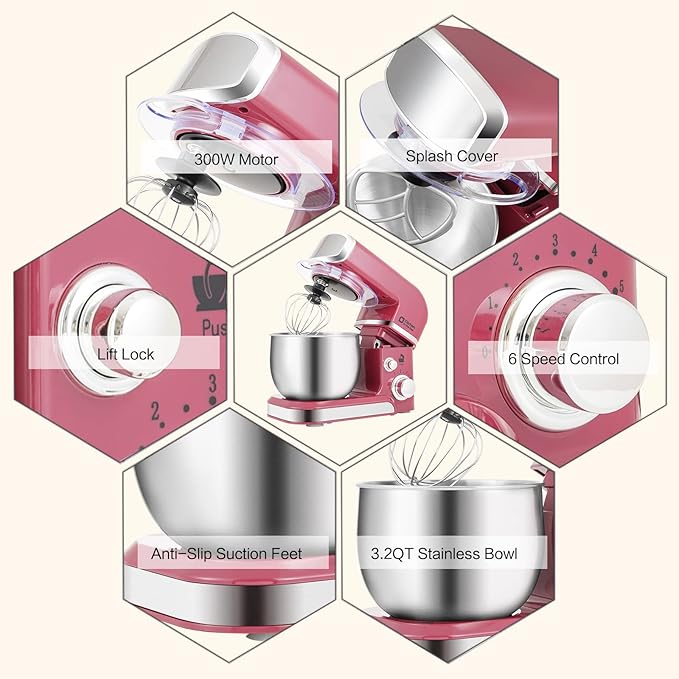 Kitchen in the box Stand Mixer3.2Qt Small Electric Food Mixer6 Speeds Portable Lightweight Kitchen Mixer for Daily Use with Egg WhiskDough HookFlat Beater (Purplish-red)