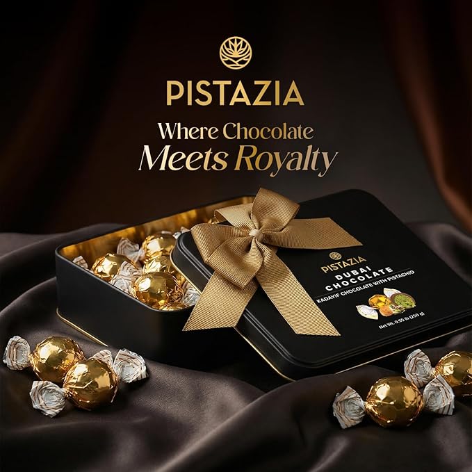 Pistazia Dubai Chocolate Balls – 8.8 oz (250g) – Premium Dubai Chocolate Pistachio Candy Gift Box in Black Metal Tin Real Chocolate