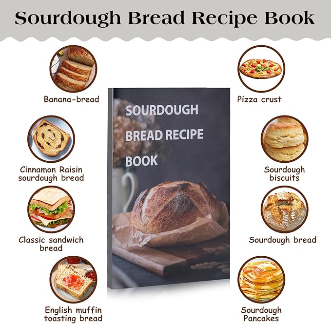 Sourdough Starter Kit34oz Sourdough Starter Jar Glass with Sourdough Recipes Cookbook.Sourdough Bread Baking Supplies with ThermometerNatural Wooden Lid Anti-slip MatSourdough Jar scraper (2 pack)