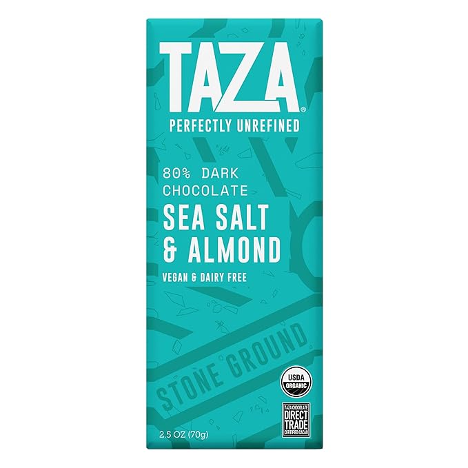Taza Chocolate Organic Amaze Bar 80% Stone Ground Sea Salt Almond 2.5 Ounce (10 Count) Vegan