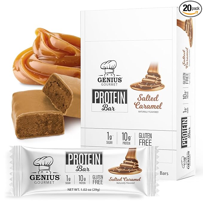 Genius Gourmet Protein Bar Salted Caramel Keto Snack Low Carb Low Sugar &amp Gluten Free Protein Snacks for Adults 10G of Whey Protein per Protein Bar 5 Net Carbs 20 Count