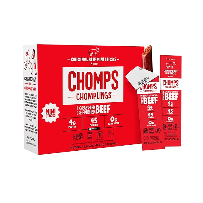 Chomps Snack Size Grass-Fed Original Beef Jerky Snack Sticks 0.5oz 24-Pack - Keto Paleo Whole30 4g Lean Meat Protein Gluten-Free Zero Sugar Food Non-GMO Chomplings