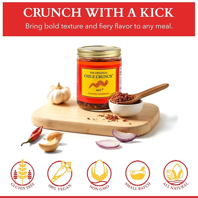 CHILE CRUNCH - Hot Spicy Crunchy Condiment - All Natural Roasted Chili Peppers Garlic &amp Onion Crisp Sauce - Vegan Gluten-Free No Preservatives - Homemade Authentic Mexican Recipe 5.5oz (2 Pack)