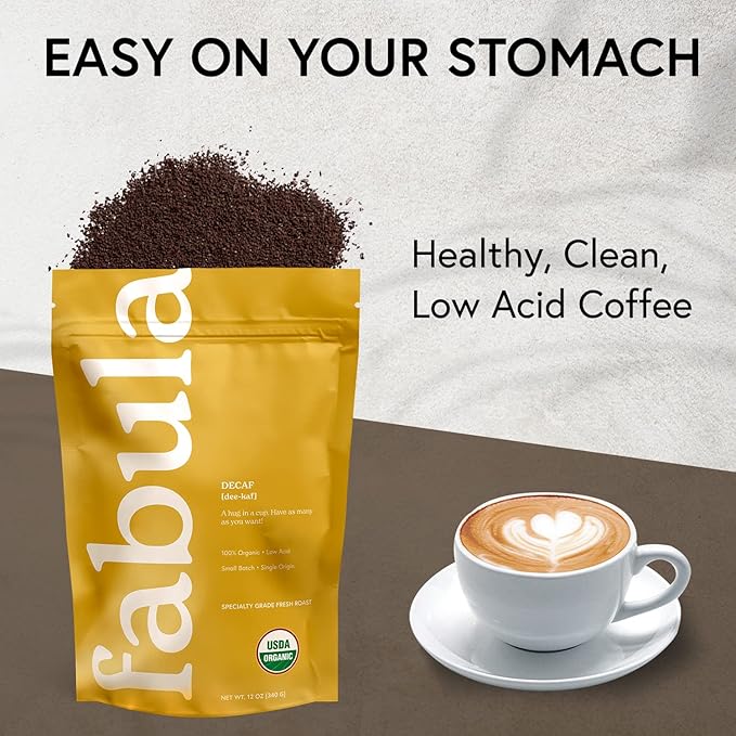 Fabula Low Acid Decaf Coffee Ground USDA Organic Coffee Medium Roast - Single Origin - Non-GMO - No Molds - Mycotoxins Pesticides Free Coffee - 12 Oz