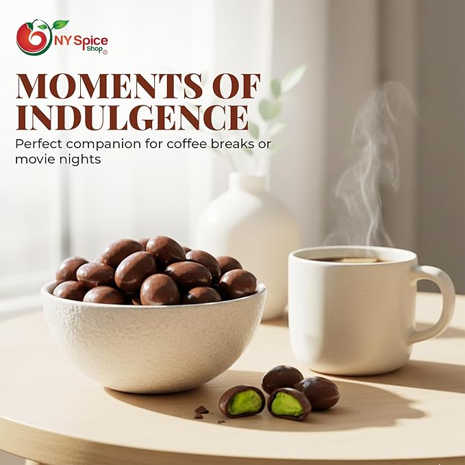 NY Spice Shop Dark Chocolate Covered Pistachios Candy - 8 Ounce Chocolate Pistachio Candy Candies - Gourmet Nuts Bites Movie Night Snacks - Nut Treats Snacks Variety Pack - Sweet Pistachio Candies