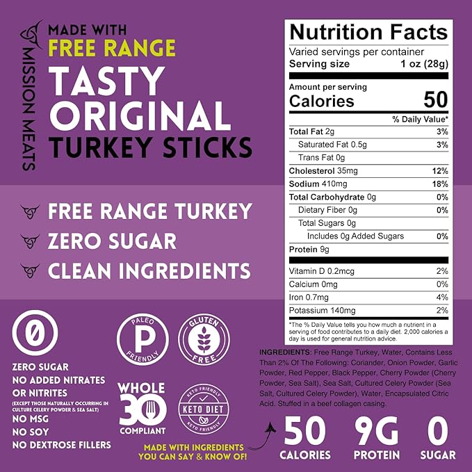 Mission Meats Turkey Sticks 100% Free Range Turkey Jerky Zero Sugar Delicious Healthy Snacks 9g Protein Individually Wrapped Gluten Free Original 1oz (48ct)