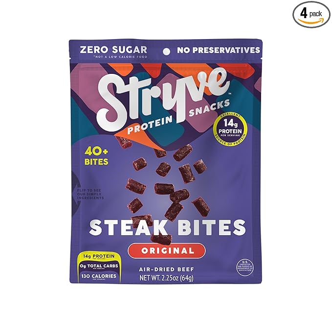 Stryve Protein Snacks - Protein Rich Beef Bites | 28g Protein Sugar Free Carbs Free Gluten Free Dairy Free Keto &amp Paleo Friendly | Original Pack Of 4