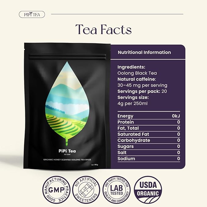 PiPi Tea Organic Oolong Tea Bags – Whole Leaf 20 Bags (4g Each) – Cortisol &amp Calming Tea for Anxiety Stress Weight Loss – Bulk Loose Leaf Oolong Tea