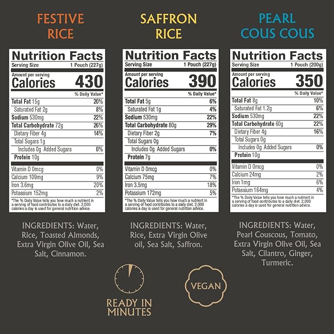 Mina Saffron Rice Festive Rice Pearl Couscous Variety Pack of 6 Ready to Eat Microwavable Couscous Pearls Side Dishes Vegan Protein Non-GMO Kosher