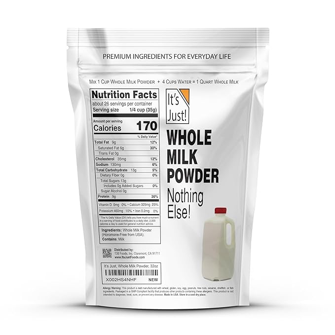 It's Just - Whole Milk Powder 2lbs rBST/rBGH Hormone Free Shelf Stable Just Add Water Made in USA Dry Milk Powder 32oz