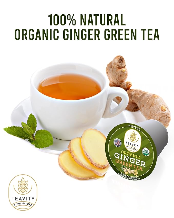 Green Tea &amp Ginger Tea Pods for Keurig - Caffeinated Organic Dye Free Unsweetened Herbal Blend for K Cup Machines - Hot or Iced (24 Tea Pods)
