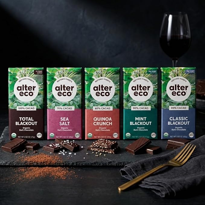 Alter Eco Dark Chocolate Variety Pack 5pk – Blackout 85% Quinoa Crunch Sea Salt Organic Superdark Mint &amp 100% Cacao – Organic Fair Trade Chocolate Bars