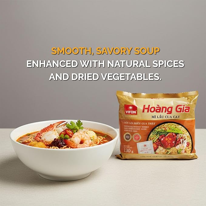 VIFON Hoàng Gia Spicy Crab Hotpot Instant Noodles 18-Pack (4.4 oz / 130 g each) | Vietnamese-Style Mì Lẩu Cua Cay | With Real Crab Extract | Rich and Spicy Seafood Soup | Ready in 3 Minutes
