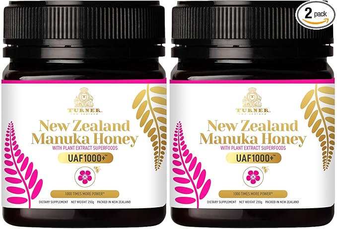TURNER Certified Raw New Zealand Manuka Honey with UAF1000+ (8.8oz/250g) 1000x More Power Greatest Gift to Support Everyday Wellness Natural Probiotic Prebiotic Antioxidant Superfood 2 Jars