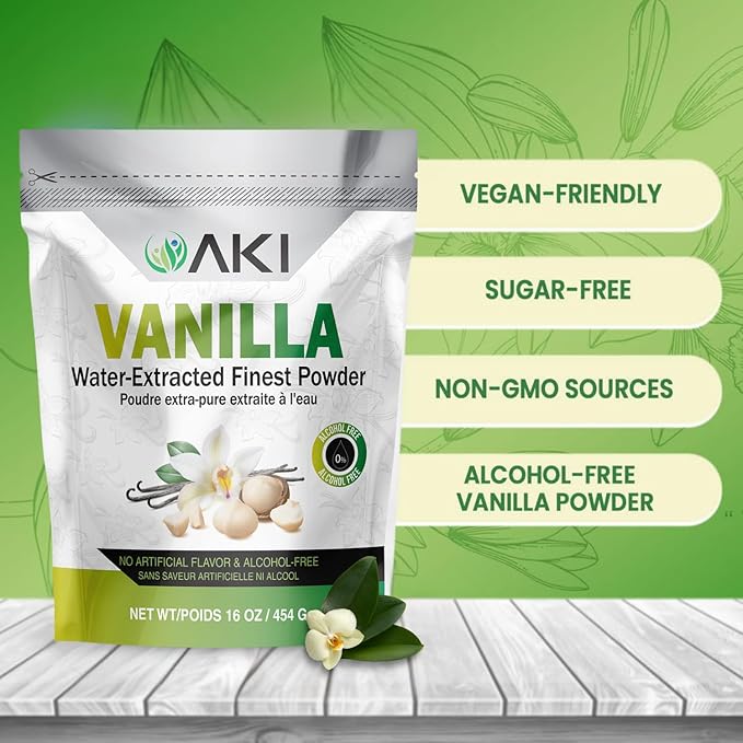 AKI Vanilla Extract Powder from Authentic Beans for Delicious Flavoring Cooking Baking Drinks Tea Coffee Smoothies Cocktails - Sugar-Free &amp Alcohol-Free (454g/1lb)