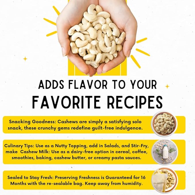 Sunbest Natural Raw Whole Cashews – 48 oz (3 lb) Bulk Bag – Unsalted Unroasted Cashews Vegan Gluten-Free Non-GMO – Perfect for Snacking Cooking &amp Baking