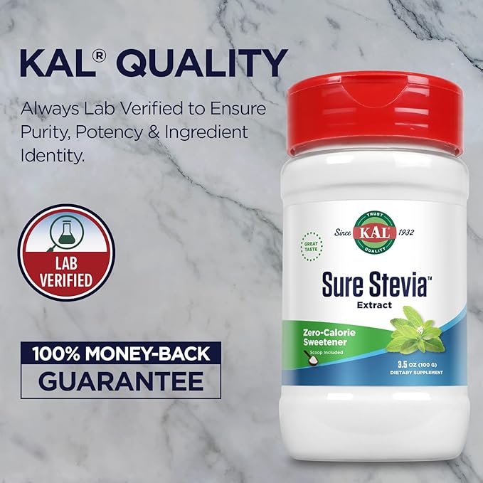 KAL Sure Stevia Extract Powder Low Carb Plant Based Stevia Sweetener Great Taste Zero Calories Zero Sugar Low Glycemic &amp Perfect for a Keto Diet 60-Day Guarantee Approx. 1820 Servings 3.5