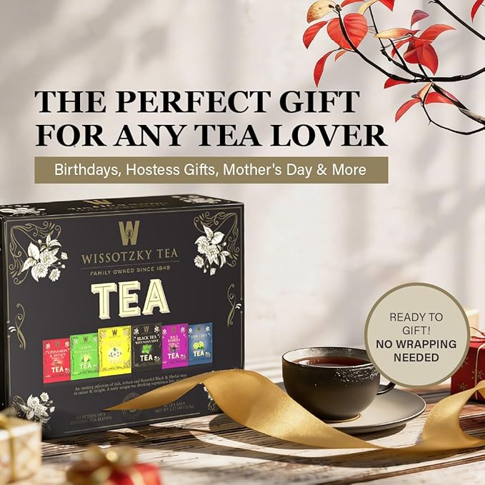 Wissotzky Artisanal Tea Chest Box Assorted Flavors of Black &amp Herbal Tea Bags (42 Tea Bags) 6 Flavors | Tea Sampler Variety Pack | Tea Gift Set | Individually Wrapped | Corporate &amp Holiday Gi