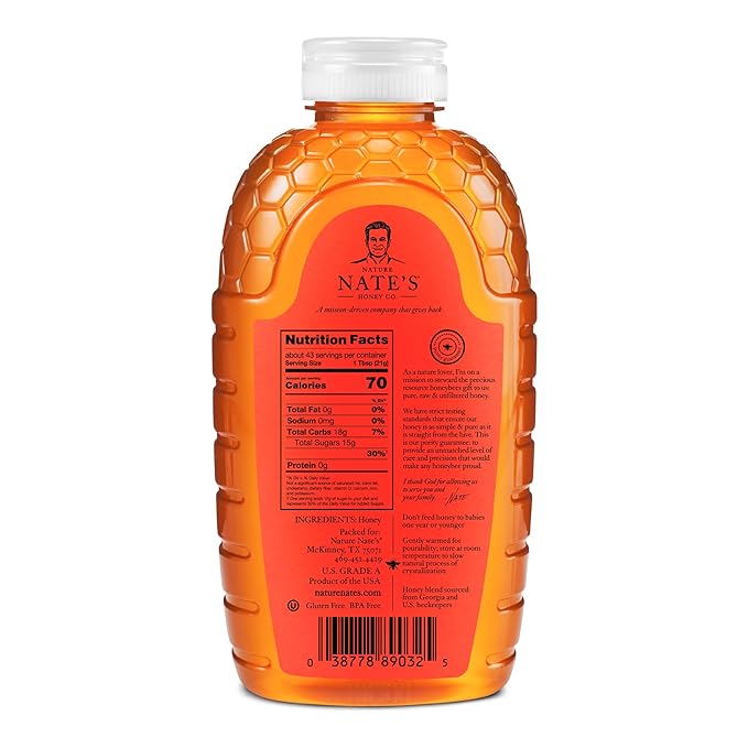 Nate's Georgia 100% Pure Raw &amp Unfiltered Honey 32 oz. Squeeze Bottle - All-natural Sweetener (Pack of 2)