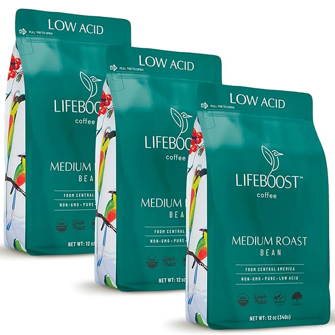 Lifeboost Medium Roast Whole Bean Coffee - Low Acid Organic Coffee Non-GMO USDA Organic Single Origin Third-Party Tested for Mycotoxins &amp Pesticides - 12 oz Pack of 3
