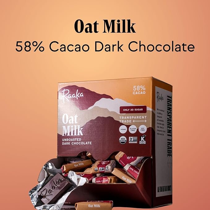 Raaka Oat Milk Mini Chocolates | 58% Cacao Vegan Milk Chocolate | Organic Vegan Gluten Free | Box of 100 Individually Wrapped Chocolates