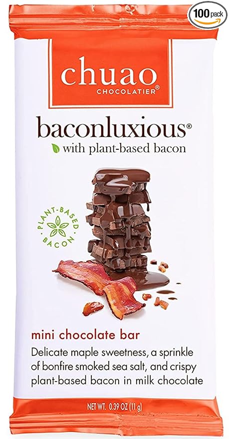 Chuao Chocolatier Baconluxious with Plant-Based Bacon Milk Chocolate Mini Bars | Gourmet Vegetarian No Preservatives | for Gift Baskets for Women Men | 100 Pack