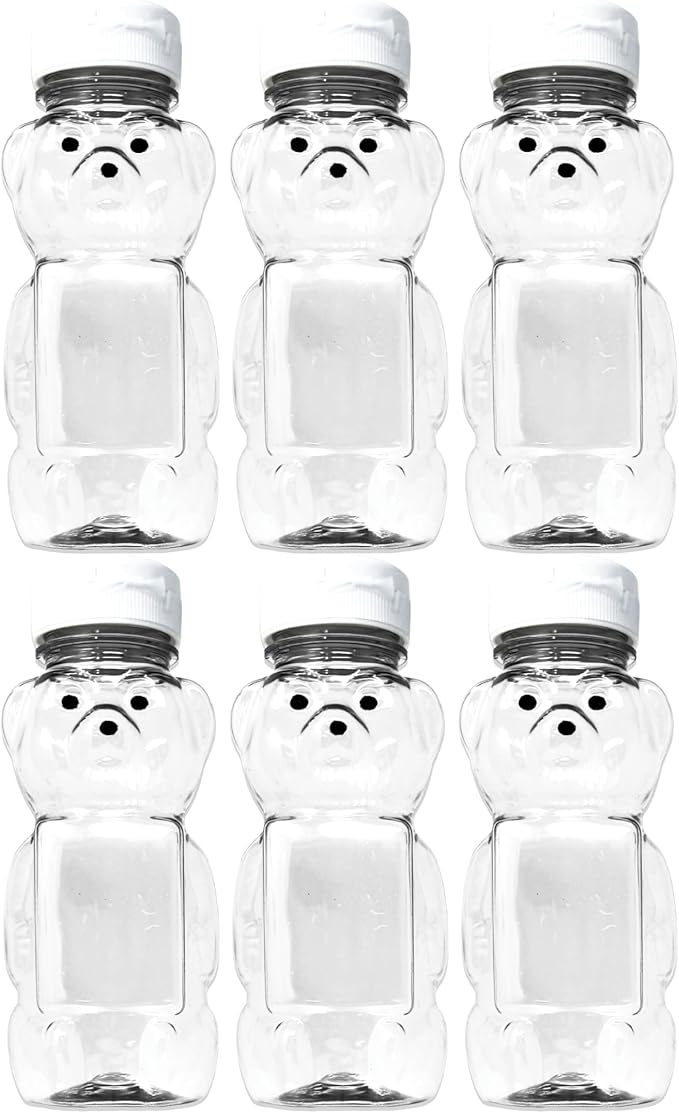 12 Ounce Clear Plastic Squeezable Honey Bears with Sealable Flip Top Lids - BPA Free Hand Wash Only (White 6 Pack)