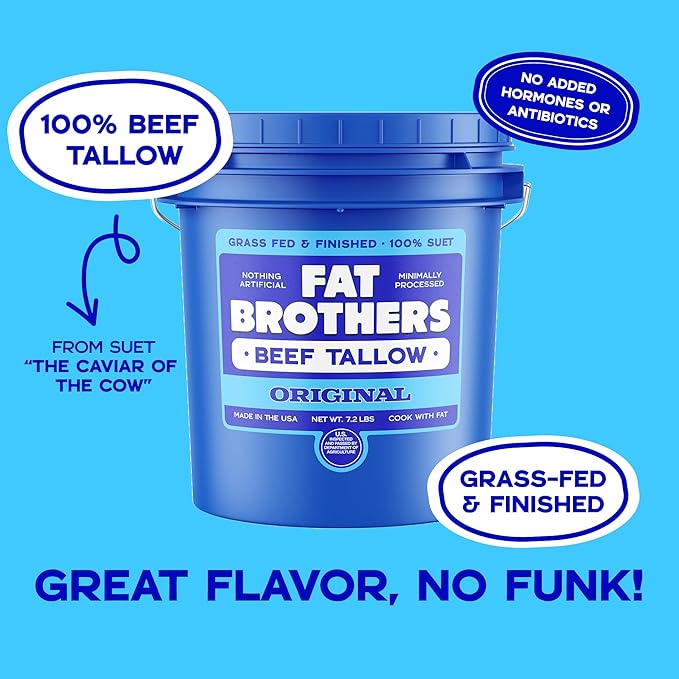 Fat Brothers Original Grass-Fed Beef Tallow USA Made and Sourced 100% Suet 7.2 Lbs Pail (1 Gallon) No Added Hormones or Antibiotics For Cooking Frying Baking Skincare &amp More