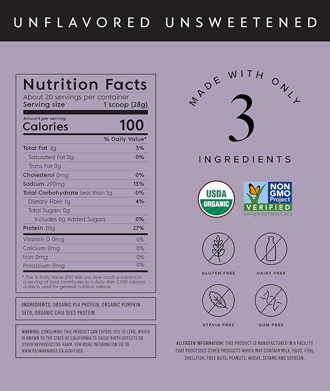 Truvani Pea Protein Powder | Unflavored | 20g Organic Vegan Plant Based Protein | 20 Servings | Keto | Gluten &amp Dairy Free | Low Carb | No Added Sugar