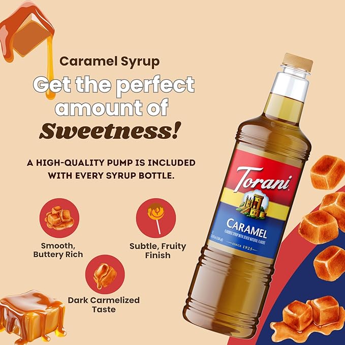 Torani Caramel Syrup 1 Liter Bottle with Pump – Premium Coffee Flavoring Made with Pure Cane Sugar &amp Natural Flavors for Lattes Frappes Desserts Cocktails &amp More – Café-Quality Sweetener