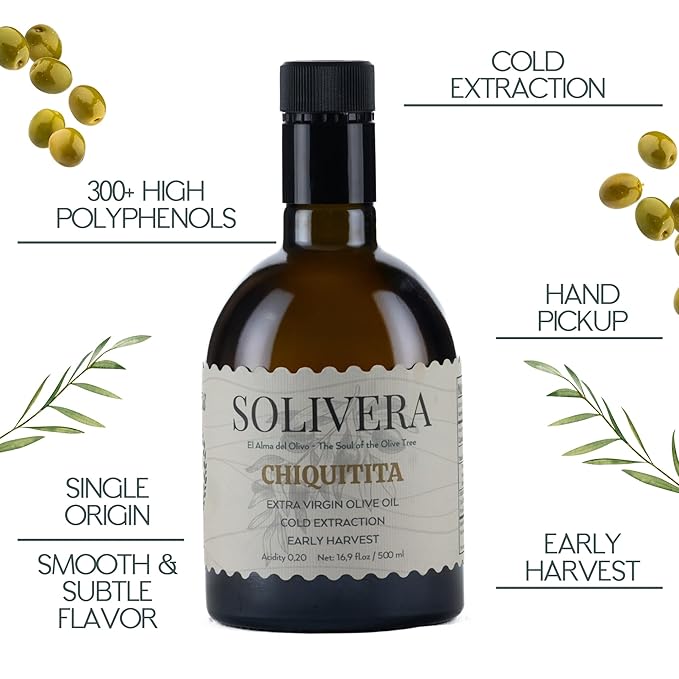 Solivera Chiquitita Extra Virgin Olive Oil Cold Pressed Smooth &amp Subtle Flavor 300+ High Polyphenols Single-Origin Hand Picked Gourmet Organic Olive Oil – 16.8 fl. oz. (Chiquitita)