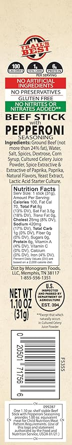 Trail's Best 1.1oz Pepperoni Sticks – 16 Count Tubs (6 inch pepperoni sticks made with all beef)