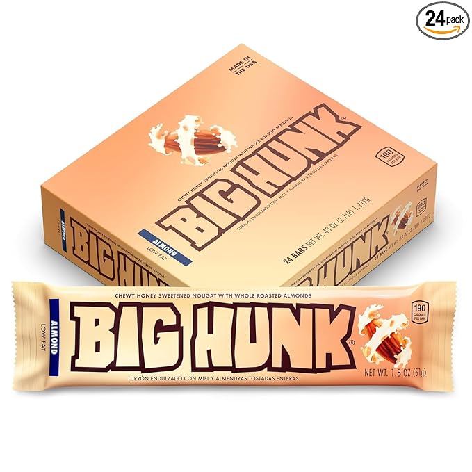 Big Hunk Nougat Candy Bars 1.8 oz Each Chewy Honey-Sweetened Nougat Old-Fashioned Retro Candy Treat Gluten-Free Snack (Pack Of 24 Almond)