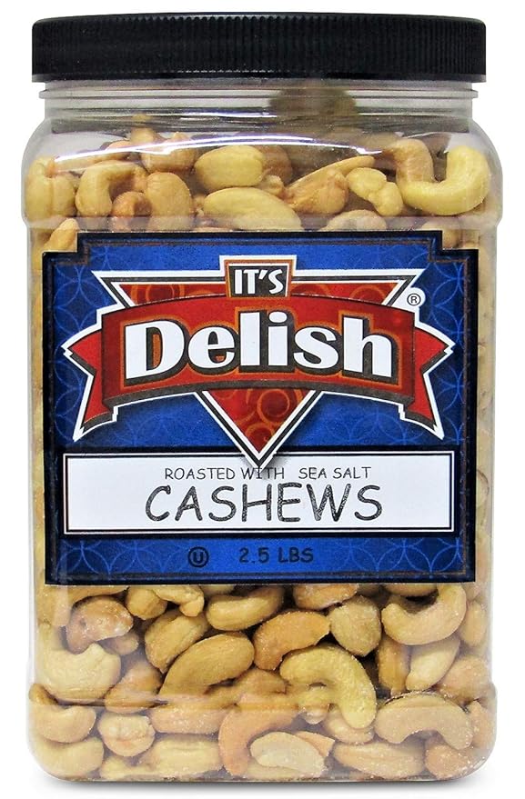 Roasted &amp Salted Cashews by It’s Delish – 2.5 lbs Jumbo Container – Roasted with Sea Salt – Kosher Long-lasting Jar – Energetic Healthy Snack