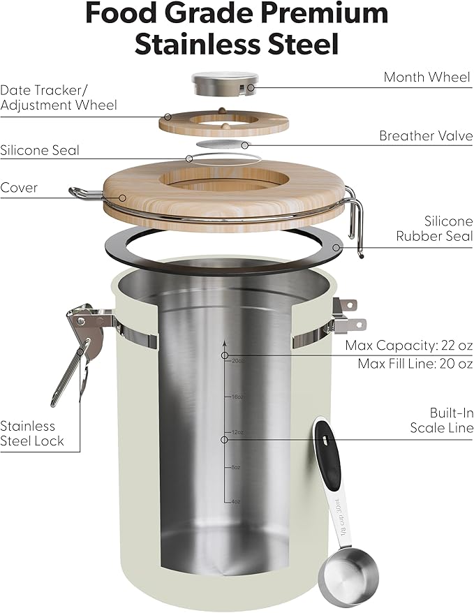 Veken Coffee Sugar Canister with Window Easter Gifts Airtight Stainless Steel Container with Lids Home Kitchen Food Storage Jars for Grounds Beans Tea Flour Cereal Basket Scoop 22OZ Cream