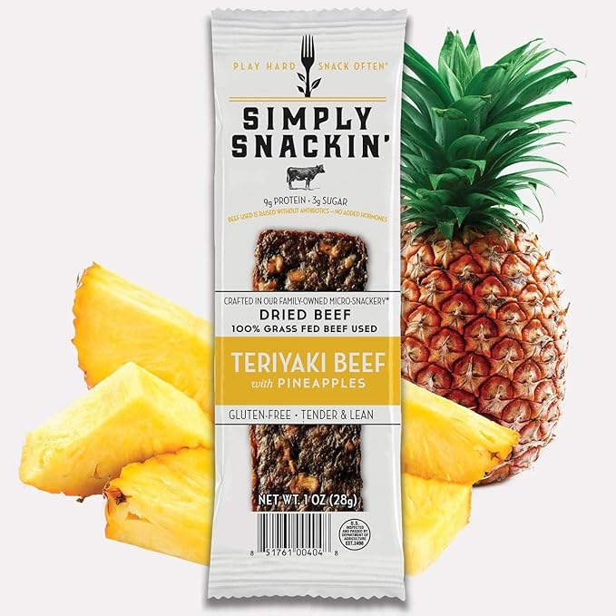 Simply Snackin' - Dried Grass Fed Beef Snacks High Protein Low Calorie Low Sugar Low Carb Low Fat Gluten Free 20 Serving Pack (Teriyaki Beef with Pineapples)