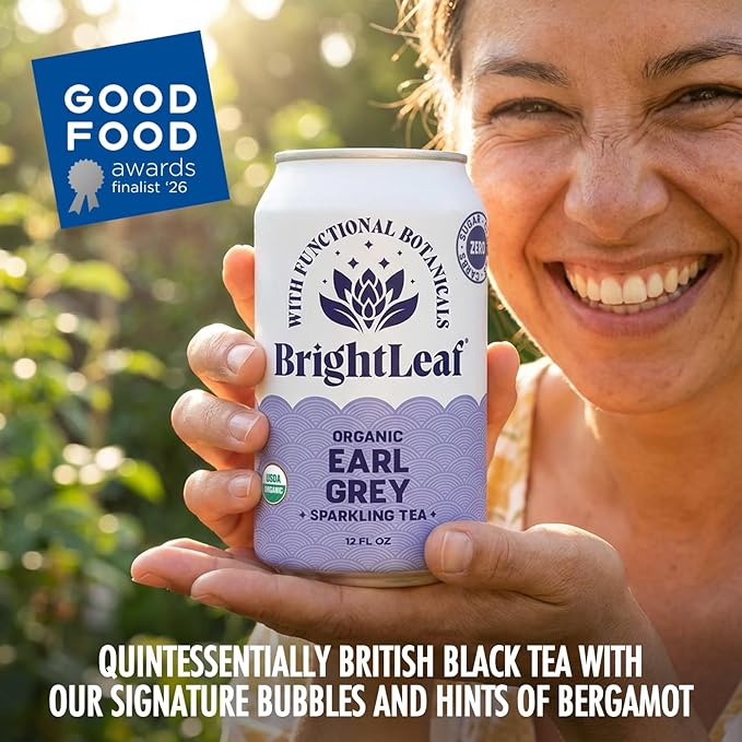 BrightLeaf Earl Grey Sparkling Tea with Functional Benefits For Focus – Regenerative Organic Lightly Caffeinated Zero Sugar Zero Calories Zero Sweeteners – 12oz Cans 12-Pack – Craft-Brewed with W