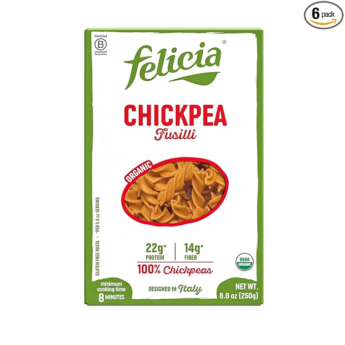 Felicia Gluten Free Pasta Chickpea Fusilli 22G Protein per Serving Organic High Protein and Fiber Noodles Designed in Italy Plant Based Made from 100% Chickpeas Non GMO 8.8 Oz 6 Boxes