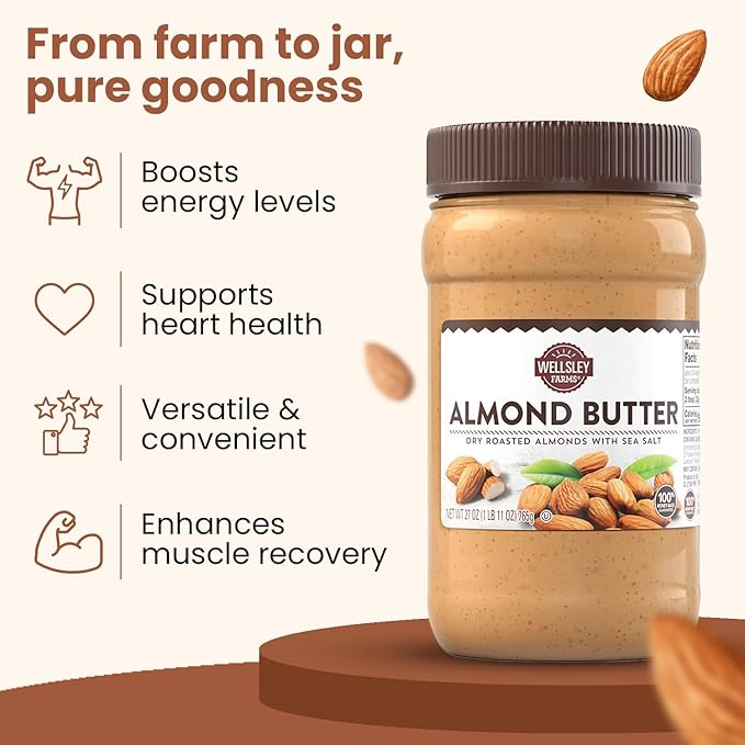 Wellsley Farms Almond Butter with Sea Salt 27 oz – Gluten-Free Creamy &amp Smooth Texture Made with Dry Roasted USA-Grown Almonds Peanut-Free High-Protein Spread for Toast Smoothies &amp Bakin